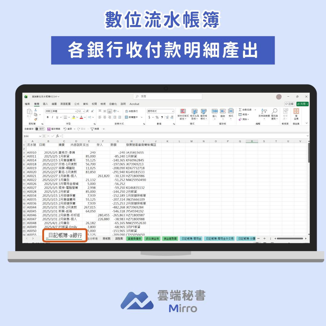 數位流水帳簿-各銀行收付款明細表示意圖